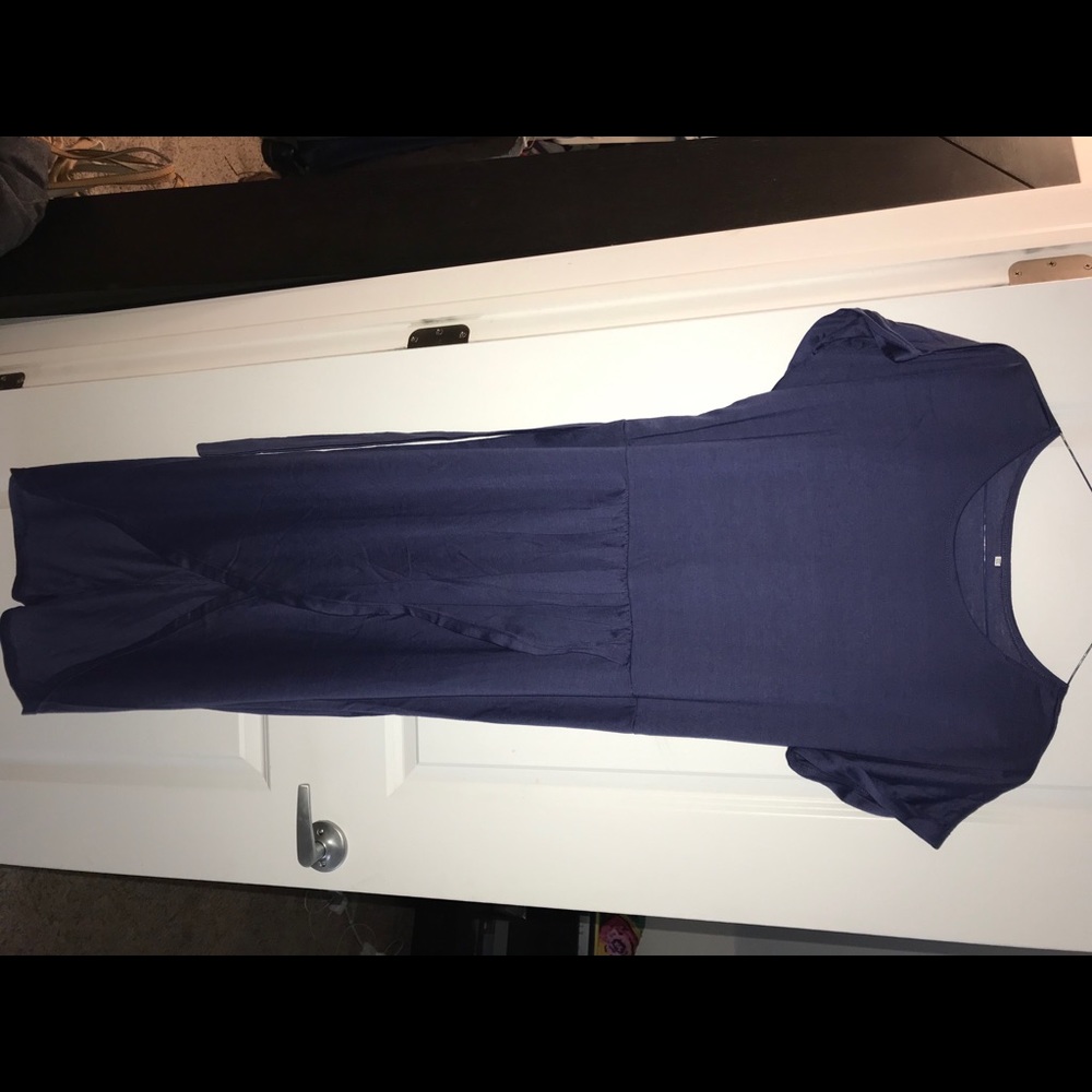 Navy Cotton Dress with Slit and Belt